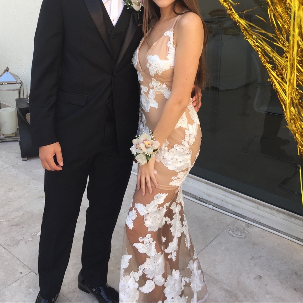 Nude and white floral prom dress